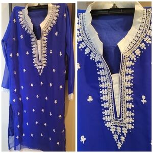 Blue Embroidered Kurta with White Detailing